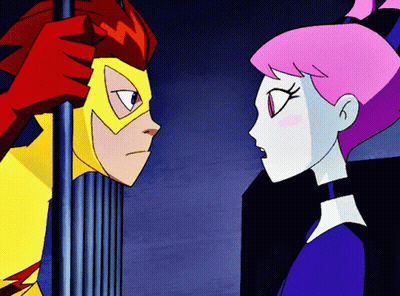Two Cartoon Characters Are Looking At Each Other And One Has A Purple Hair GIF