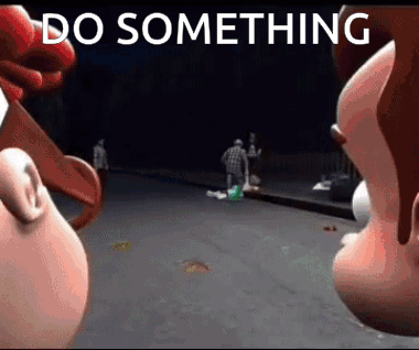 Two Cartoon Characters Are Looking At Each Other With The Words Do Something Written On The Bottom . GIF