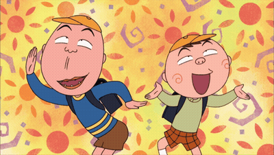 Two Cartoon Characters Are Making Funny Faces In Front Of A Yellow Background GIF