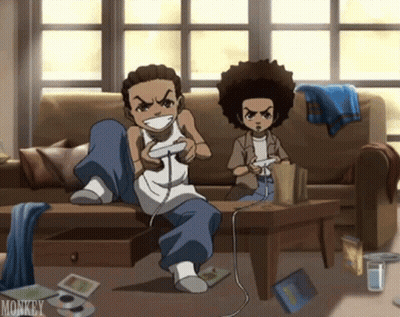 Two Cartoon Characters Are Playing Video Games In A Living Room With The Word Monkey On The Bottom GIF