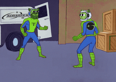 Two Cartoon Characters Are Pointing At Each Other In Front Of An Adrastea Truck GIF