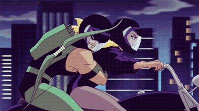 Two Cartoon Characters Are Riding A Motorcycle In The City GIF