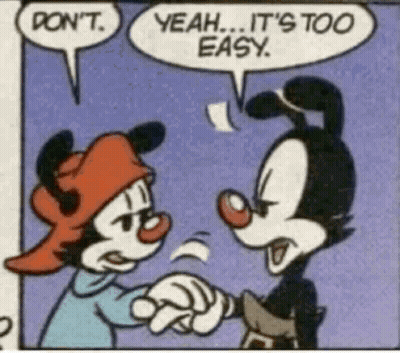 Two Cartoon Characters Are Shaking Hands And One Of Them Is Saying " Yeah It 'S Too Easy " GIF