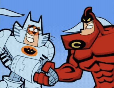 Two Cartoon Characters Are Shaking Hands With The Letter C On Their Chests GIF