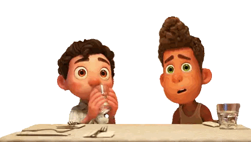 Two Cartoon Characters Are Sitting At A Table And One Of Them Has A Blue Face Painted On It Sticker