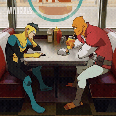 Two Cartoon Characters Are Sitting At A Table In A Diner With The Word Invincible On The Window Behind Them GIF