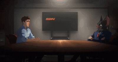 Two Cartoon Characters Are Sitting At A Table In Front Of A Screen That Says Sdn GIF