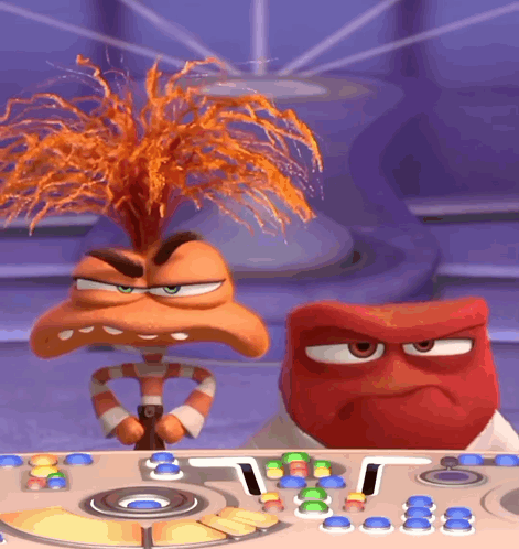 Two Cartoon Characters Are Sitting At A Table With Buttons And One Has A Candy Cane In His Mouth GIF