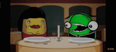 Two Cartoon Characters Are Sitting At A Table With Plates And A Candle With The Word Kud On The Bottom Right GIF