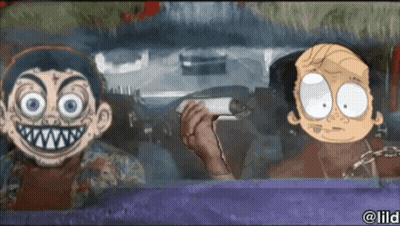 Two Cartoon Characters Are Sitting In A Car And One Is Holding A Lighter GIF
