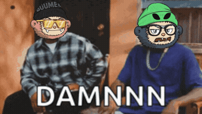 Two Cartoon Characters Are Sitting Next To Each Other With Damnnn Written On The Bottom Right GIF