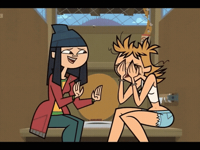 Two Cartoon Characters Are Sitting Next To Each Other With One Covering Her Face GIF