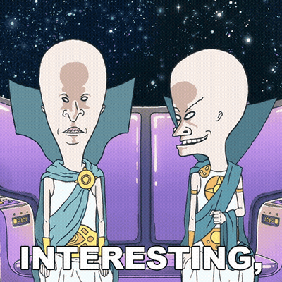 Two Cartoon Characters Are Sitting Next To Each Other With The Words " Interesting " Written Below Them GIF