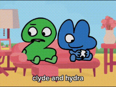 Two Cartoon Characters Are Sitting On A Couch And The Words Clyde And Hydra Are Written Below Them GIF
