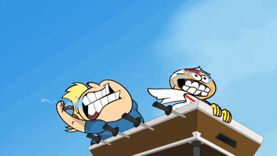 Two Cartoon Characters Are Sitting On Top Of A Building One Is Crying GIF