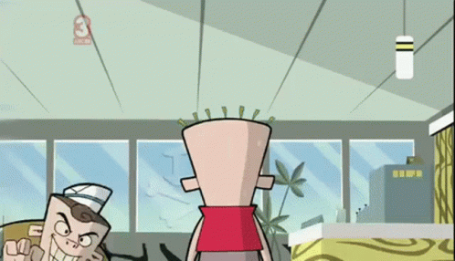 Two Cartoon Characters Are Standing In A Diner And The Number 3 Is On The Ceiling GIF