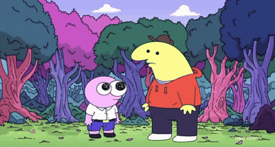 Two Cartoon Characters Are Standing In A Forest And One Has The Number 81 On His Hoodie GIF