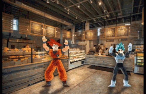 Two Cartoon Characters Are Standing In Front Of A Bakery With A Menu On The Wall GIF