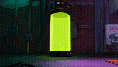 Two Cartoon Characters Are Standing In Front Of A Glowing Yellow Cylinder GIF