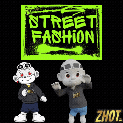 Two Cartoon Characters Are Standing In Front Of A Street Fashion Sign GIF