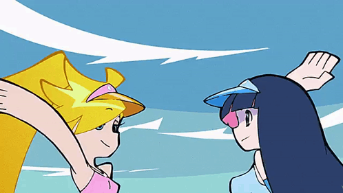 Two Cartoon Characters Are Standing Next To Each Other GIF