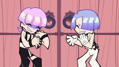 Two Cartoon Characters Are Standing Next To Each Other And One Has Purple Hair And The Other Has Blue Hair GIF