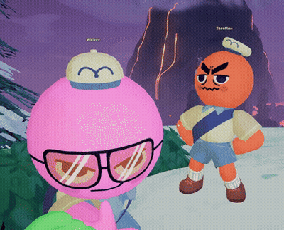 Two Cartoon Characters Are Standing Next To Each Other And One Of Them Has A Hat With The Letter M On It GIF