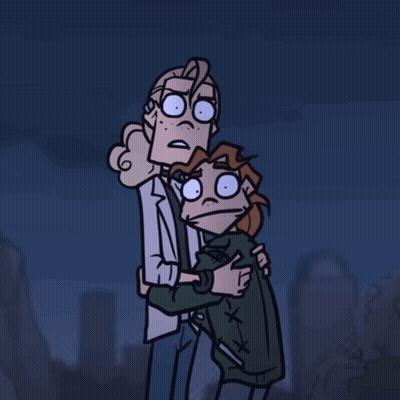 Two Cartoon Characters Are Standing Next To Each Other And One Of Them Is Holding The Other 'S Hand GIF