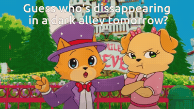 Two Cartoon Characters Are Standing Next To Each Other And One Of Them Is Pointing At The Other GIF