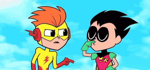 Two Cartoon Characters Are Standing Next To Each Other And One Of Them Is Wearing A Robin Shirt GIF