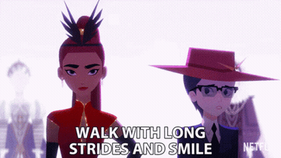Two Cartoon Characters Are Standing Next To Each Other And The Caption Says Walk With Long Strides And Smile GIF