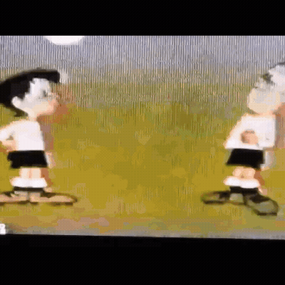 Two Cartoon Characters Are Standing Next To Each Other In A Field . GIF