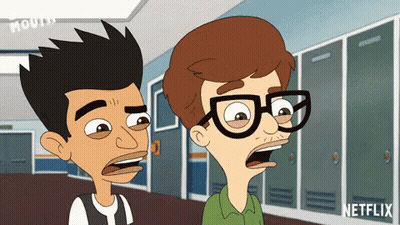 Two Cartoon Characters Are Standing Next To Each Other In A Hallway With Netflix Written On The Bottom Right GIF