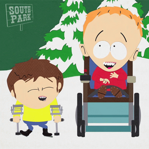 Two Cartoon Characters Are Standing Next To Each Other In Front Of A Sign For South Park GIF