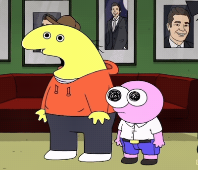 Two Cartoon Characters Are Standing Next To Each Other In Front Of Pictures GIF