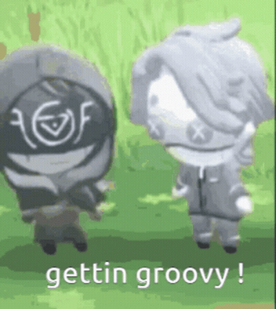 Two Cartoon Characters Are Standing Next To Each Other On A Grassy Field And They Are Talking . GIF