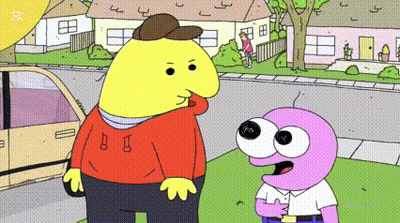 Two Cartoon Characters Are Standing Next To Each Other On A Sidewalk . GIF
