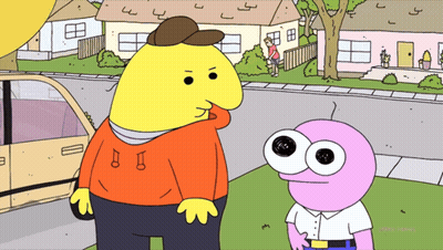 Two Cartoon Characters Are Standing Next To Each Other With A Car In The Background And The Words Comedy Central On The  GIF