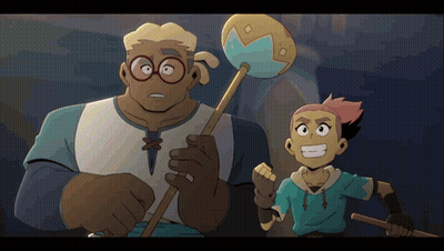 Two Cartoon Characters Are Standing Next To Each Other With One Holding A Hammer GIF