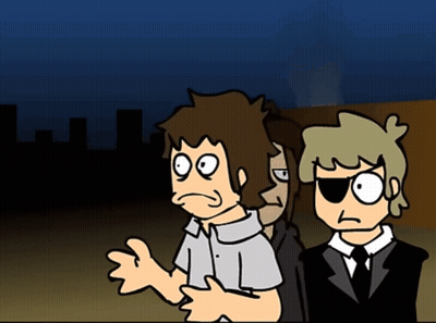 Two Cartoon Characters Are Standing Next To Each Other With One Wearing A Black Eye Patch GIF