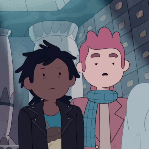Two Cartoon Characters Are Standing Next To Each Other With One Wearing A Scarf GIF