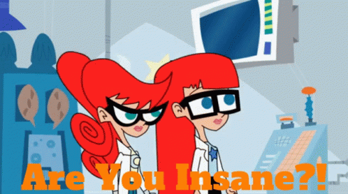 Two Cartoon Characters Are Standing Next To Each Other With The Words Are You Insane GIF