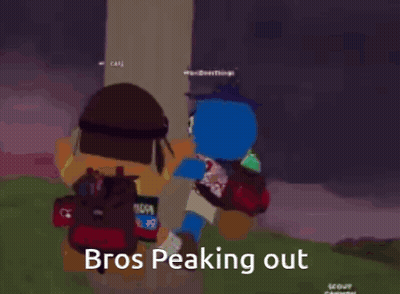 Two Cartoon Characters Are Standing Next To Each Other With The Words " Bros Peaking Out " On The Bottom Right GIF