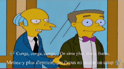 Two Cartoon Characters Are Standing Next To Each Other With The Words Conga Conga Conga On Aime Plus Morty Burns At The  GIF