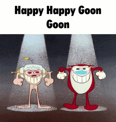 Two Cartoon Characters Are Standing Next To Each Other With The Words Happy Happy Goon Goon GIF