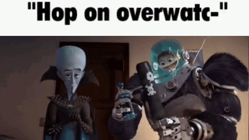 Two Cartoon Characters Are Standing Next To Each Other With The Words " Hop On Overwatc " On The Bottom GIF