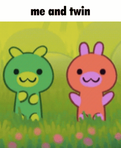 Two Cartoon Characters Are Standing Next To Each Other With The Words Me And Twin Above Them GIF