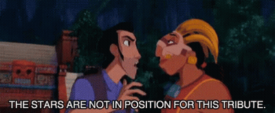 Two Cartoon Characters Are Standing Next To Each Other With The Words " The Stars Are Not In Position For This Tribute " GIF