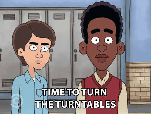 Two Cartoon Characters Are Standing Next To Each Other With The Words Time To Turn The Turntables Above Them GIF