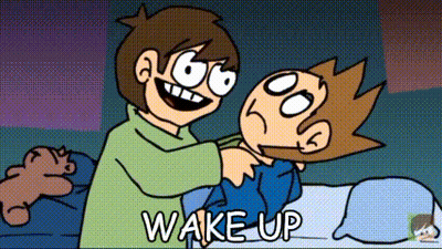 Two Cartoon Characters Are Standing Next To Each Other With The Words Wake Up Written On The Bottom . GIF